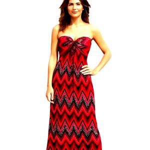 Women's Large Red Strapless Maxi BOHO Sun Dress Miss Size 12 14